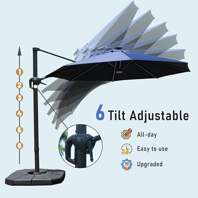Domi 10FT Cantilever Patio Umbrella Solar Powered LED Round Deluxe Offset Umbrella, Aluminum Hanging Umbrella with 360°Rotation, Outdoor Market Umbrella for Deck Backyard Garden Pool, Navy Blue