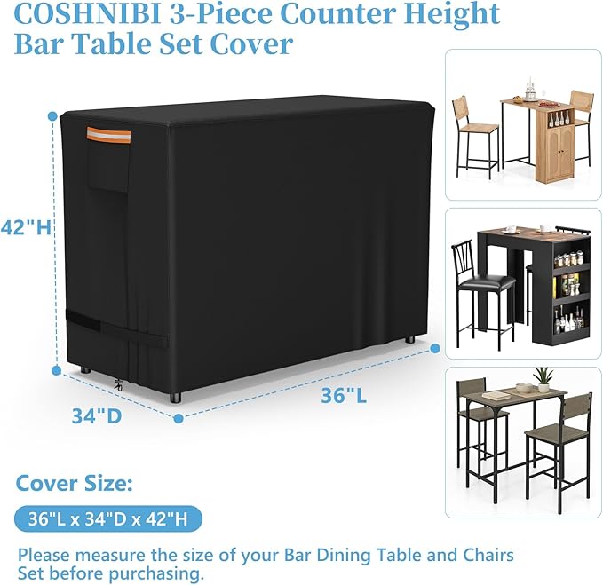 COSHNIBI Bar Height Table Chairs Set Cover for 3 Piece Patio Bar Dining Table and Chairs Set, Heavy Duty Waterproof Outdoor Bar Height Patio Set Cover,36"L x 34"W x 42"H,Black