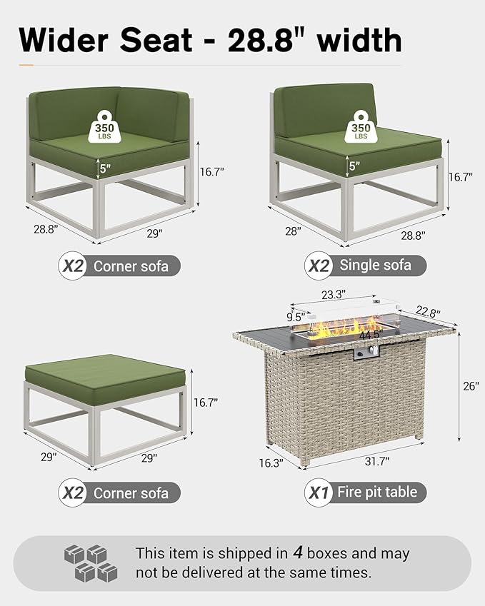 UDPATIO Aluminum Patio Furniture Set with Fire Pit Table, Modular Oversized Outdoor Sectional of Olefin 5 inch Cushion, Coffee Table and Waterproof Cover, Patio Conversation Sets for Porch, Deck