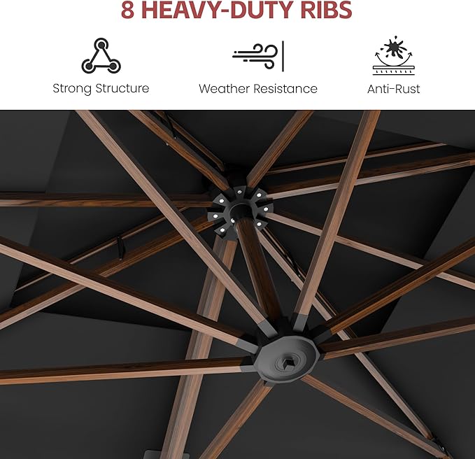 GENTEACO 10x13FT Rectangle Cantilever Patio Umbrella w/Base Included, Deluxe Wood Pattern Pole & 7 Angle Tilts, 360° Rotation, Offset Hanging Market Umbrellas for Garden Pool Patio, Black