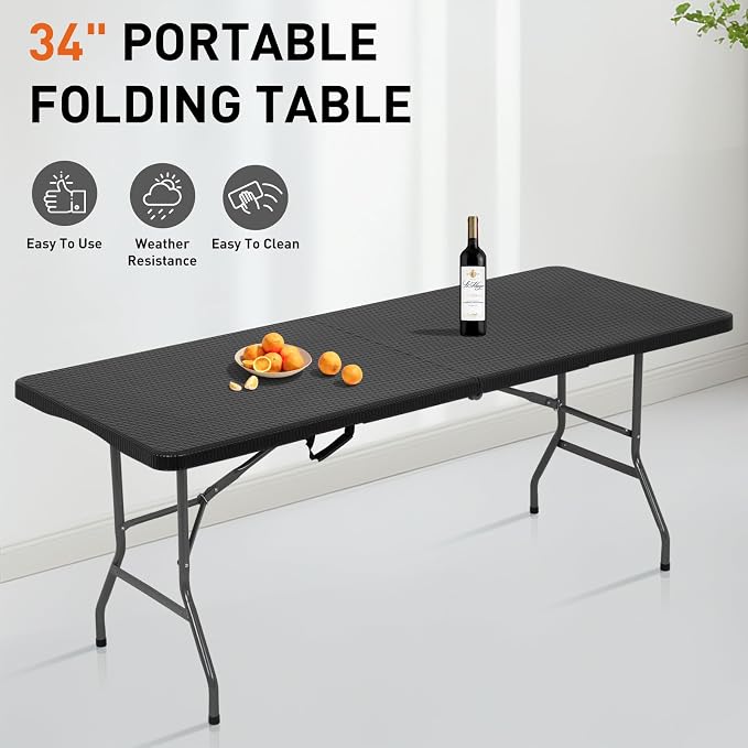 Dkeli Folding Table | 6 ft Folding Picnic Table Portable | Heavy Duty Dining Table | Fold in Half with Handle and Sturdy Steel Frame for Outdoor Indoor Camping, Picnic and Party,Black
