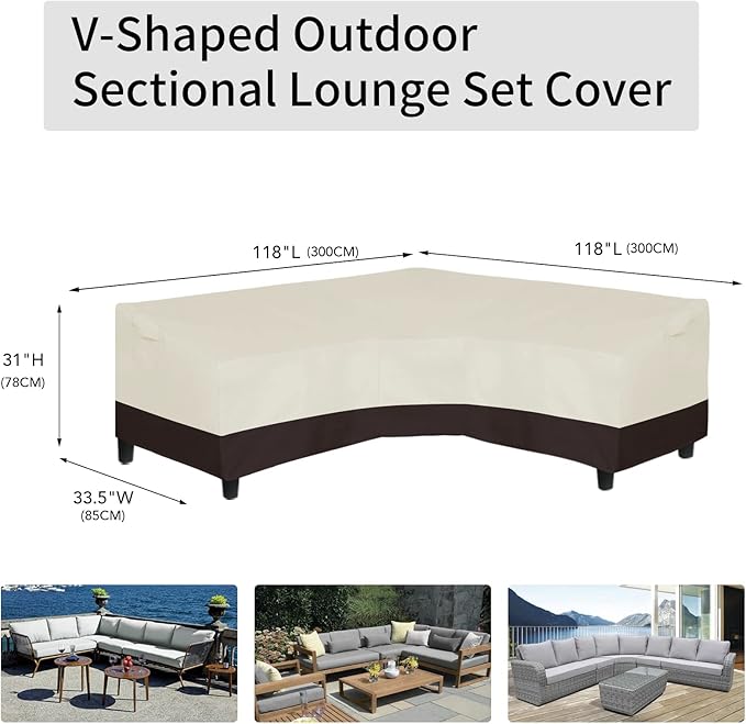 Easy-Going Patio V-Shaped Sectional Sofa Cover, Waterproof Outdoor Sectional Cover, Heavy Duty Garden Furniture Cover with Air Vent 118" L (on Each Side) x 33.5" D x 31" H, Beige/Dark Brown
