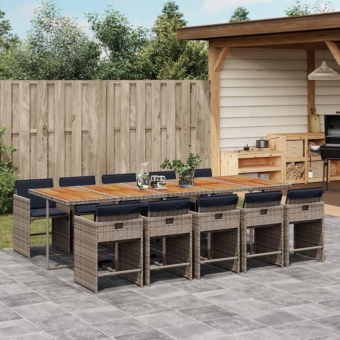 11-Piece Gray Poly Rattan Outdoor Dining Set with Cushions, Acacia Wood Table & Foldable Chairs for Patio Garden Backyard Porch