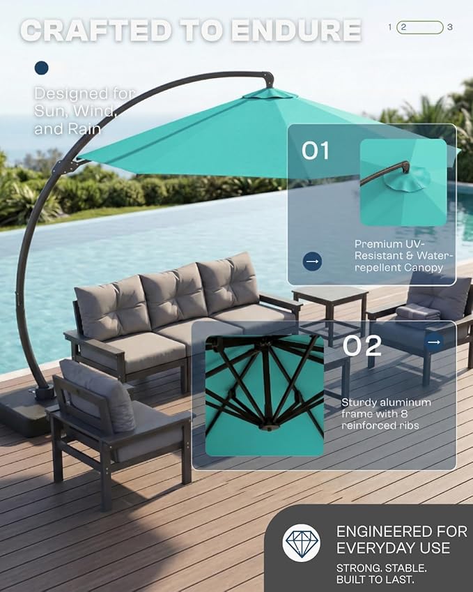 11 FT Cantilever Umbrella with Base Included, Large Round 360° Rotation Offset Umbrella Outdoor Patio, Heavy Duty Aluminum Frame, Sand-Weighted Stand, for Deck, Backyard, Pool, Garden (Tiffany Blue)
