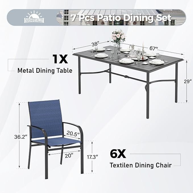 SUNSHINE VALLEY 7 Piece Patio Dining Set for 6, Rectangular Metal Dining Table with Umbrella Hole and 6 Textilene Chairs, Outdoor Table and Chairs Set for Lawn Backyard and Deck, Blue