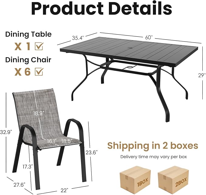 Soohow 7-Piece Outdoor Dining Set, Outdoor Patio Table and Chairs Set, 6 x Stackable Chairs & 1 x Outdoor Table with Umbrella Hole, All-Weather Patio Dining Sets for Poolside, Backyard and Porch