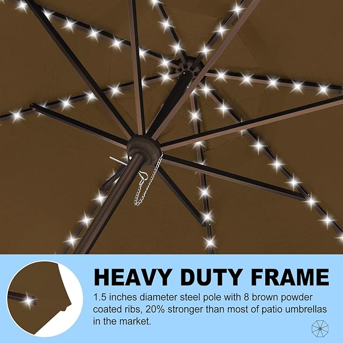 Eurmax USA 10-Year-Non-Fading 10FT 3-Tier Outdoor Patio Market Umbrella with LED Lights,UPF50+ UV Resistant,Commercial Grade,Crank Lift Design,Windproof Vented Top for Garden,Pool,Deck,Chestnut