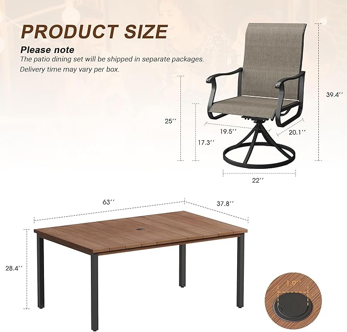 VICLLAX 7 Pieces Outdoor Dining Set, Patio Furniture Set Includes 63" Rectangular Metal Table W/ 1.9" Umbrella Hole and 6 Padded Textilene Swivel Chairs for Porch, Lawn, Garden, Backyard