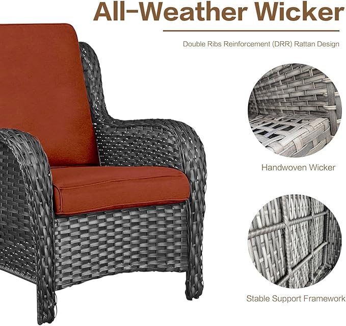 5 Pieces Outdoor Patio Furniture Conversation Set PE Rattan Wicker with a 3-Seater Sofa, 2 Armchairs, 2 Outdoor Ottomans for Yard Garden Backyard Porch Poolside GNR (Grey/Orange)