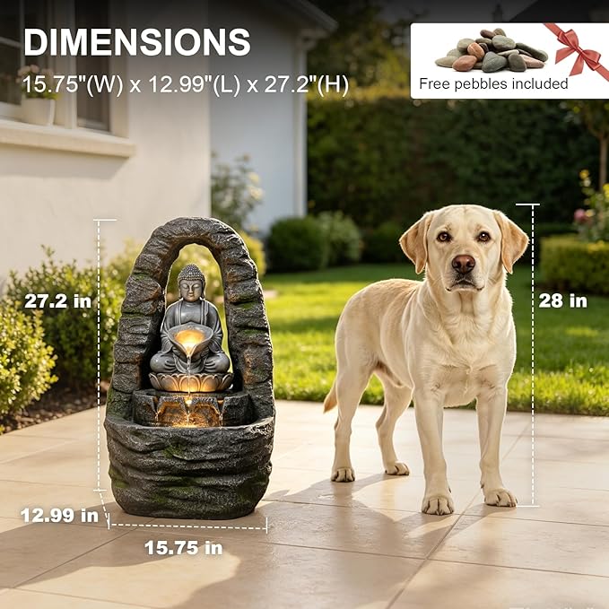 27" Outdoor Buddha Fountain with LED Lights, Zen Water Fountain Outdoor for Garden Patio Deck, 3-Tier Cascading Waterfall Fountain with Warm 3000K Glow & Pebbles, Faux Stone Resin Decor