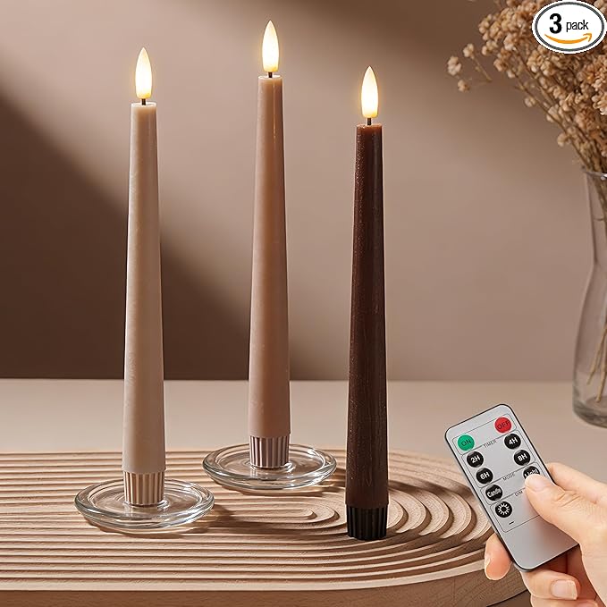 Brown Flameless Taper Candles with Remote, 9.6 Inches Real Wax Battery Operated Candles, 3 Pack Flickering LED Candlesticks, Tall Taper Fake Candles for Home, Wedding, Party