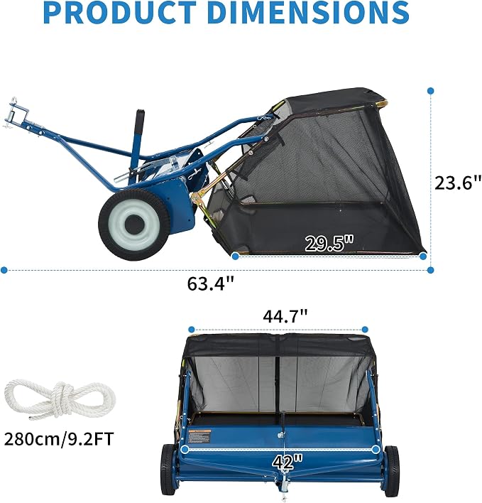 42" Tow Behind Lawn Sweeper, 14 cu. ft Capacity Leaf & Grass Collector-Adjustable Sweeping Height, Dumping Rope Design for Efficient Debris & Grass Cleanup on Yards, Driveways & Sidewalks