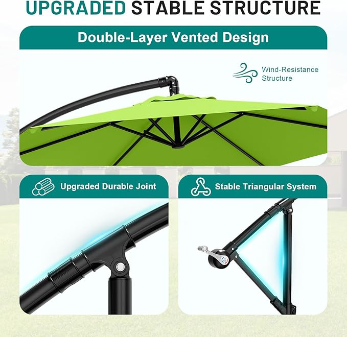 AreShark 10FT Patio Outdoor Umbrella, Offset Patio Umbrella Cantilever Umbrella, 6 Sturdy Ribs, Easy Adjustment for Garden Market Pool with Cross Base (Apple Green)