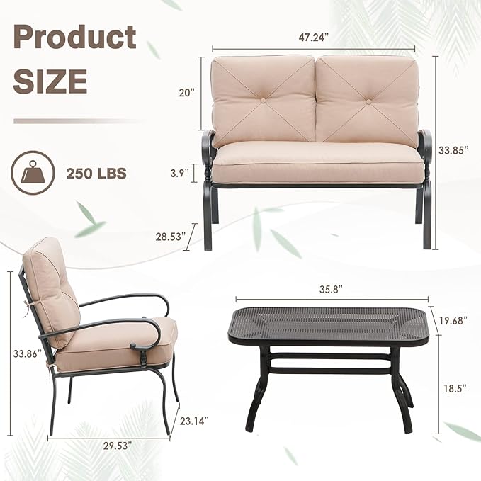 SUNCROWN 4 Pieces Outdoor Metal Furniture Patio Conversation Set Loveseat, 2 Dining Chairs and Coffee Table for Lawn Front Porch Garden, Brown Cushions
