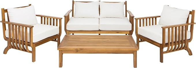 Merax 4-Piece Mid-Century Modern Acacia Wood Patio Seating Set | Outdoor Conversation Set with Loveseat, Club Chairs & Slatted Coffee Table, Weather-Resistant Cushions for Deck Poolside