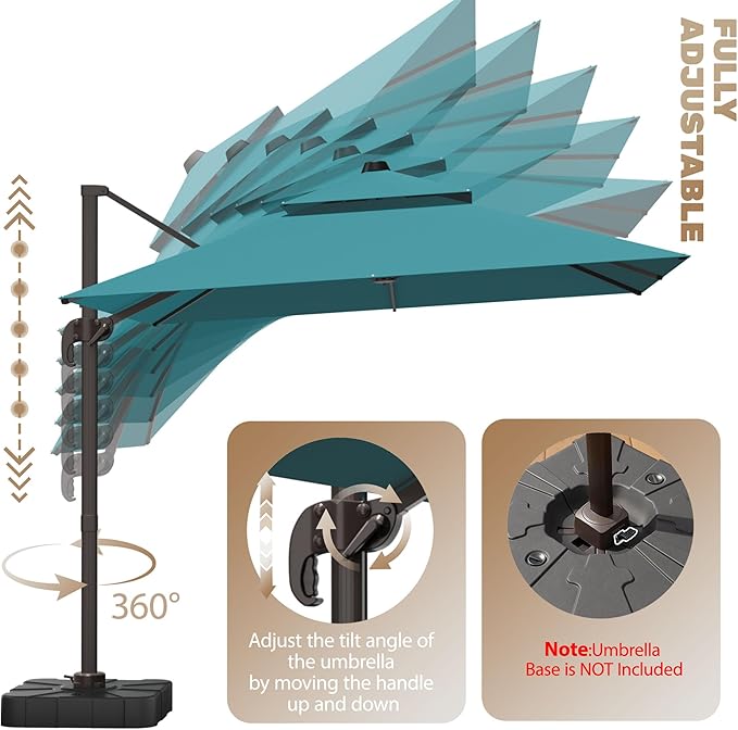 10x10Ft Patio Umbrella Outdoor Cantilever Rectangle Umbrella, 6-Level Tilt & 360° Rotation Offset Umbrella for Garden, Deck, Pool(Turquoise)