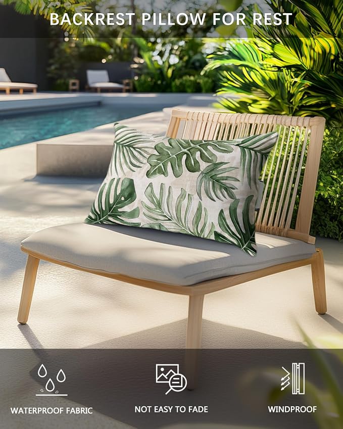 Pack of 2 Outdoor Lumbar Pillow Covers 12x20 Inch, Green Monstera Deliciosa Waterproof Throw Pillow Covers Set, Summer Botanical Tropical Vintage Decorative Cushion Cases for Patio Porch Car
