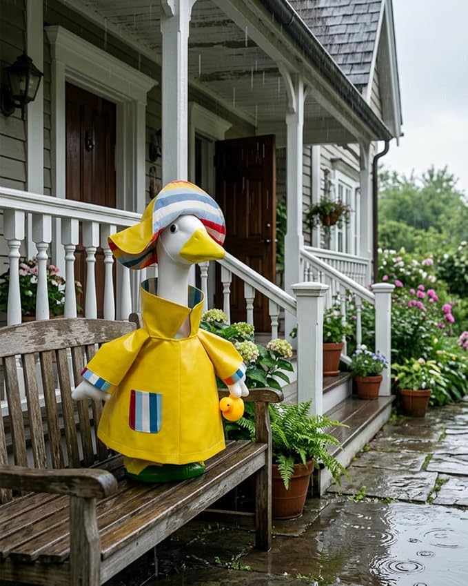 Porch Goose Outfits Raincoat with Hat & Little Duck - 23" Summer Yellow Rain Slicker Lawn Geese Clothes, Cute Porch Goose Spring Outfits for Garden Decor, Funny Gift for Mom Grandma