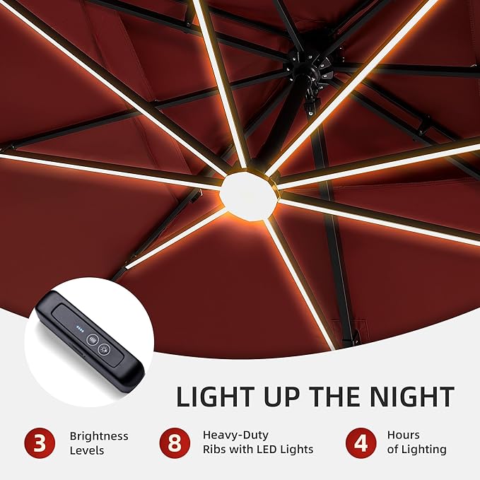 10 X 13 FT Cantilever Patio Umbrella with Led Lights Heavy Duty Windproof Double Top Large Rectangle Offset Umbrellas with 360-degree Rotation for Garden Pool Deck Backyard, Red
