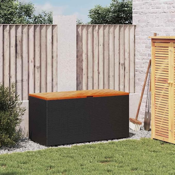 Modern Garden Storage Box Black Poly Rattan 43.3 x 19.7 x 21.3 in Outdoor Furniture Organizer with Weather-Resistant Finish and Easy Access Lid