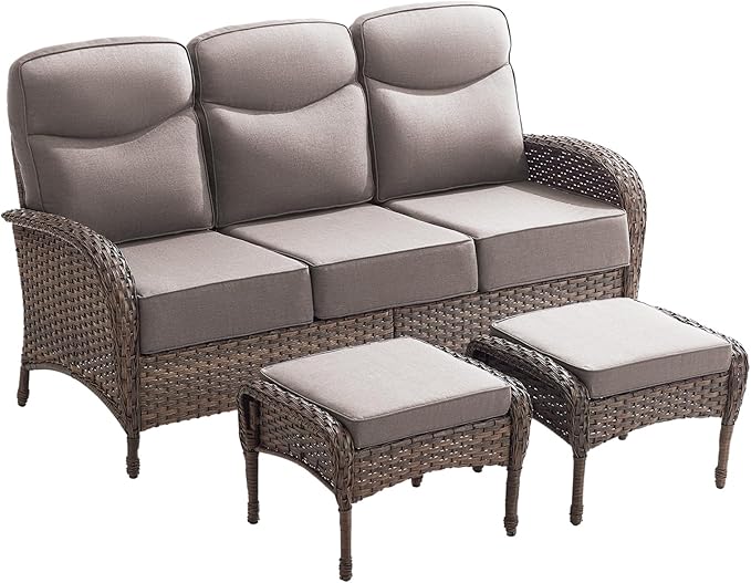 3-Piece Luxury Patio Furniture Sofa Set with 6-Inch Thick Cushions– Outdoor Wicker Conversation Set with Covered Couch, Multifunctional Ottoman & All-Weather Seating for Backyard, Porch, Garden Gray