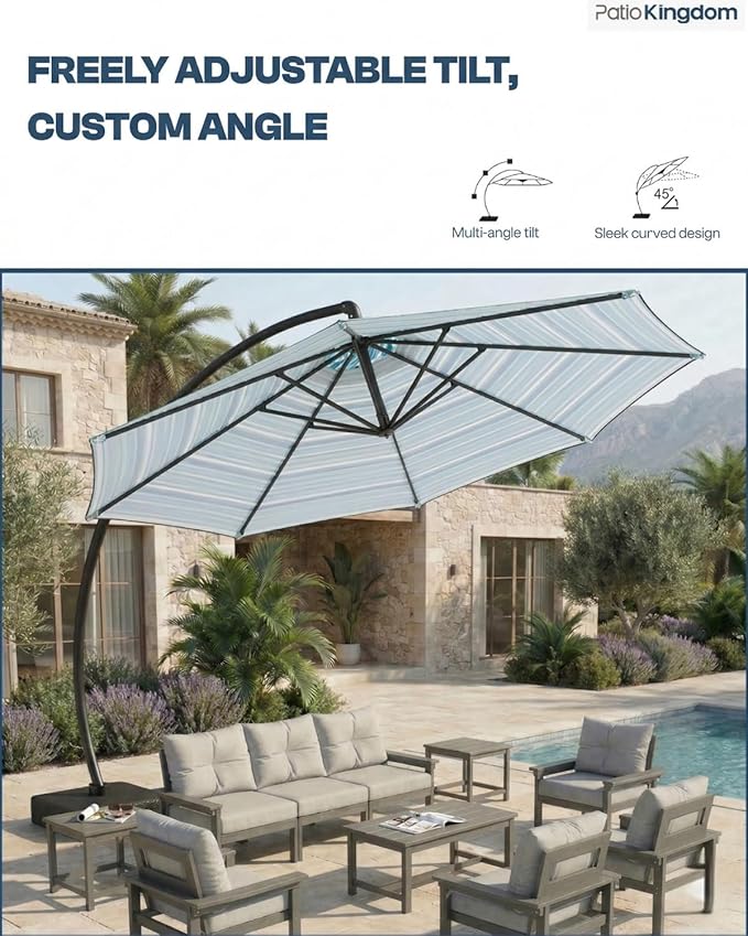 12 FT Cantilever Umbrella with Base Included, Large Round 360° Rotation Offset Umbrella Outdoor Patio, Heavy Duty Aluminum Frame, Sand-Weighted Stand, for Deck, Backyard, Pool, Garden (Blue and green stripes)