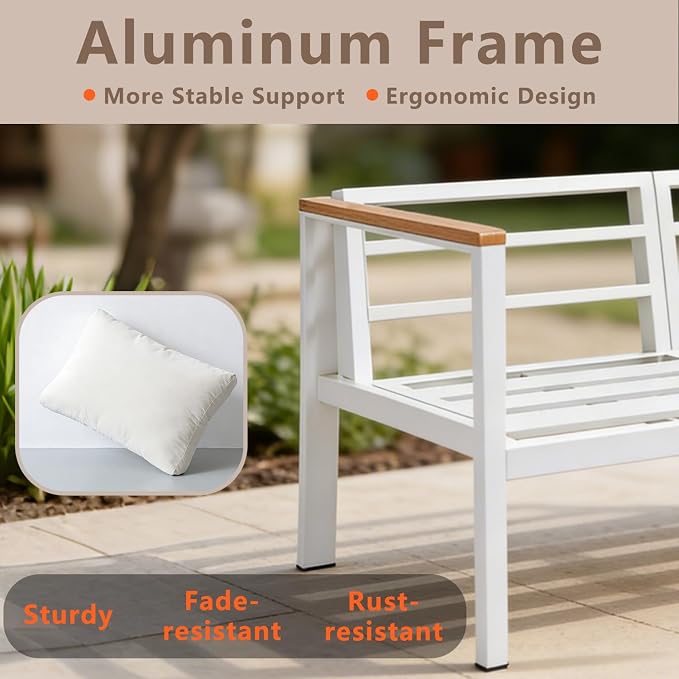 Aluminum Patio Sectional Furniture Set,4 piece Patio Conversation Sets Outdoor Patio Furniture Set Sofa with Coffee Table & Washable Cushions White