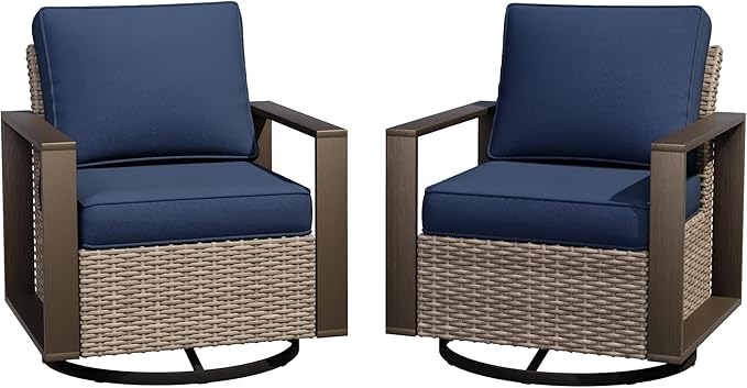 Joyside Outdoor Patio Swivel Rocker Chairs Set, 2 Pieces Wicker Rattan Chairs with Metal Wide Armrest, Thick Cushions and Deep Seating for Garden, Backyard, Porch, Deck