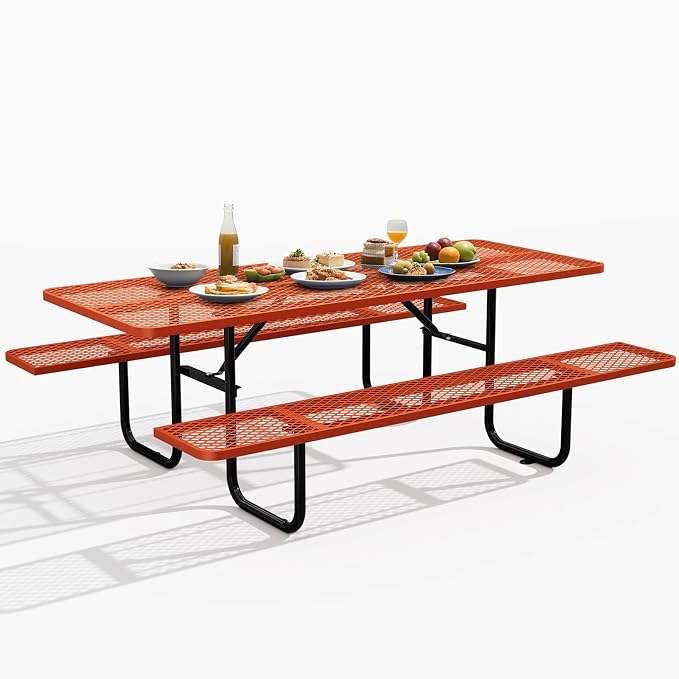 72 Inch Heavy Duty Picnic Table for Outdoors, Rectangular Camping Table with Benches and 1.78" Umbrella Hole, Commercial Grade Steel Frame, 2200 lbs Load Capacity, Orange