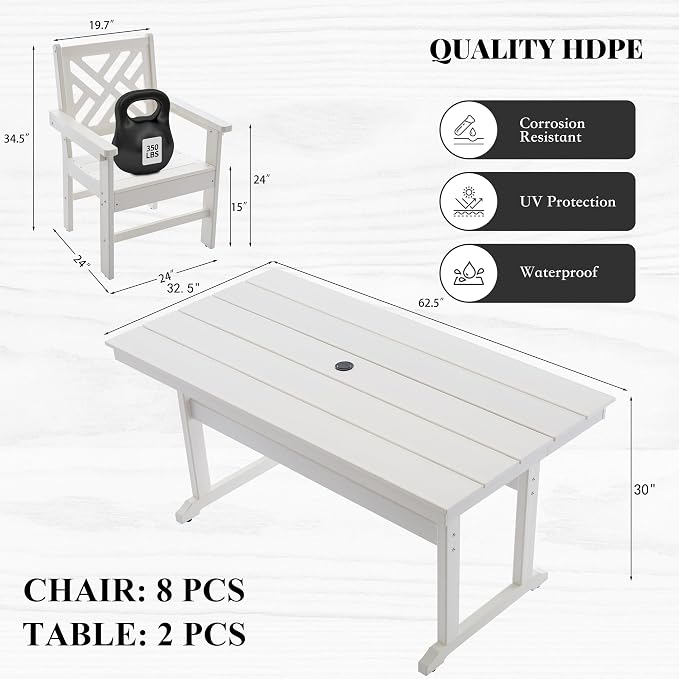 HDPE Dining Table Set for 8,10-Piece Outdoor Table and Chairs Include 8 Dining Chairs and 2 Pcs 62.5" Patio Dining Table with Umbrella Hole (White)