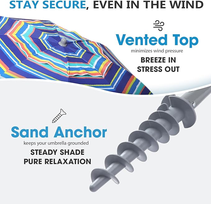 wikiwiki 7ft Beach Umbrella with Sand Anchor & Tilt, UPF 50+ Protection Beach Umbrellas for Sand, with Carry Bag and Hook, for Patio Garden Pool, Dark Blue Stripes