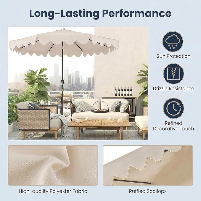 Happygrill 9FT Solar Patio Umbrella, Outdoor Market Table Umbrella with 32 LED Lights, Weighed Base, 2 Sandbags, Tilt & Crank, 8 Ribs, Fabric Canopy Sunshade, Vented Top for Garden Deck Pool Backyard (Beige)
