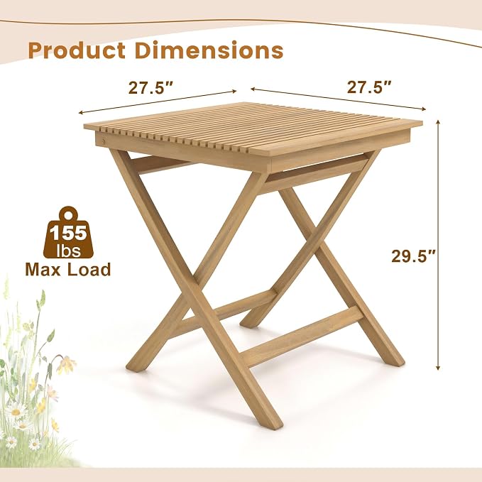 Tangkula 27.5 Inch Teak Wood Patio Dining Table, Square Outdoor Bistro Table with Slatted Tabletop, Sturdy Wood Frame & Thickened Top, Teak Outside Dining Table for Balcony, Deck, Backyard, 2 Pack