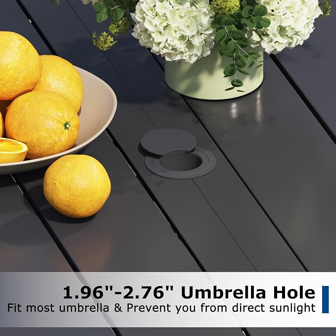 60" Round Patio Table with Umbrella Hole, Metal Outdoor Dining Table for Garden, Backyard and Deck, 8 Person Round Patio Dining Table for Outside, Black