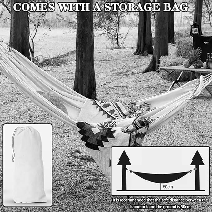 Single/Double Hammock for Outdoor, Garden Canvas Hammock Chair with Storage Bag, Multi-Scene Use, Load Bearing 250kg/350kg(Brown,6.6 * 4.9ft)