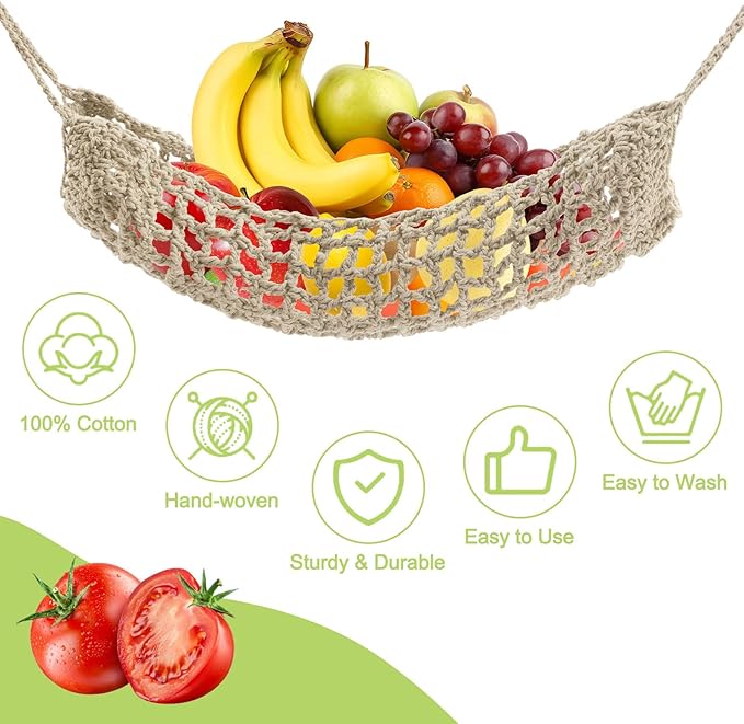 2Pcs Macrame Fruit Hammock, Cotton Fruit Holder Net, Under Cabinet Veggie Storage Space Saving Kitchen Decor with Hooks