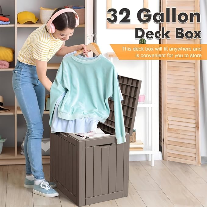 Outdoor Storage Box, 32 Gallon Resin Deck Boxes Outdoor Waterproof For Patio Furniture, Garden Tools, Pool Supplies, Lockable And UV Resistant (Striped Gray)