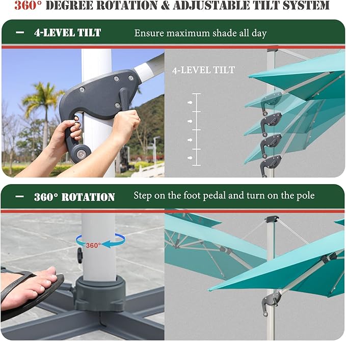 Cantilever Patio Umbrella with Cross Base and Cover Included - 360° Rotation Large Heavy Duty Offset Outdoor Umbrella with Easy Tilt for Pool Backyard Deck Garden (10x10 FT Turquoise Blue)