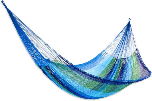 NOVICA Artisan Sea Breeze Double Hammock, Handmade Blue Striped Nylon Mayan Rope Style, Mexico Beach Bonfire [Bed Size 78 L x 78 W Total 158 L]