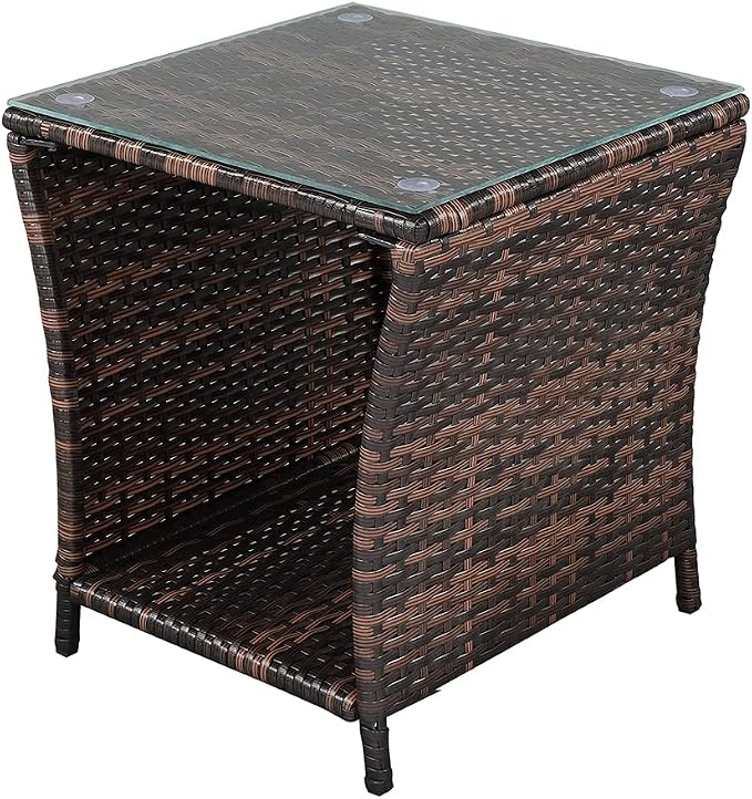 Patio Wicker Rattan Side Table Outdoor Courtyard Coffee Bistro Glass Table with Storage