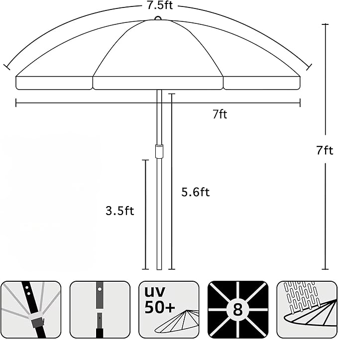 7.5FT Heavy Duty Beach Umbrella with Air Vent, Wood-Look Pole, Carry Bag, UPF50+ Superior Sun Protection, Blue Version