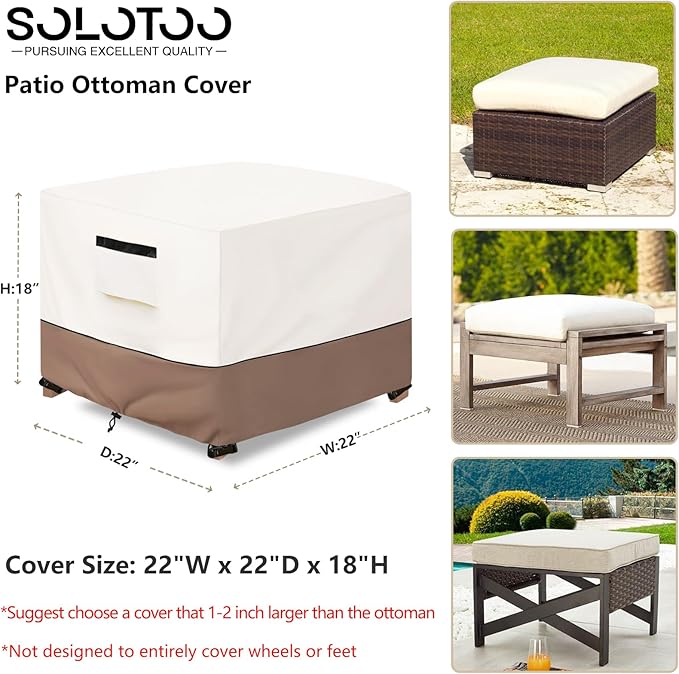 Patio Ottoman Cover Waterproof Heavy Duty Square Outdoor Ottoman Covers, 22W x 22D x 18H Inches Patio Furniture Covering Protector Outdoor Side Table Cover (Beige)