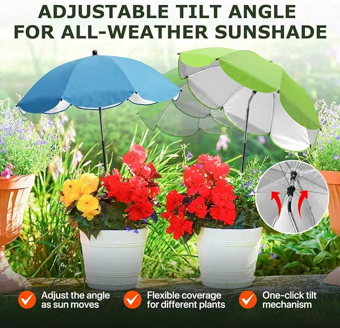 Plant Umbrellas for Outdoor Plants, Upgraded Large Garden Umbrella for Potted Plants Shade with Adjustable Height, 360° Adjustable Direction and Thickened Support Pole, Waterproof Sun Shade for Garden Potted Plants