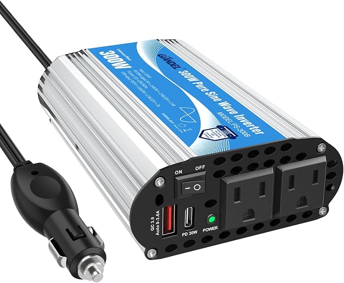 Pure Sine Wave Power Inverter 300Watt Car Adapter Converts 12V DC to 120V AC with Type-C PD30W and QC3.0 USB and 2 AC Outlets for Tablets Laptops Smartphones