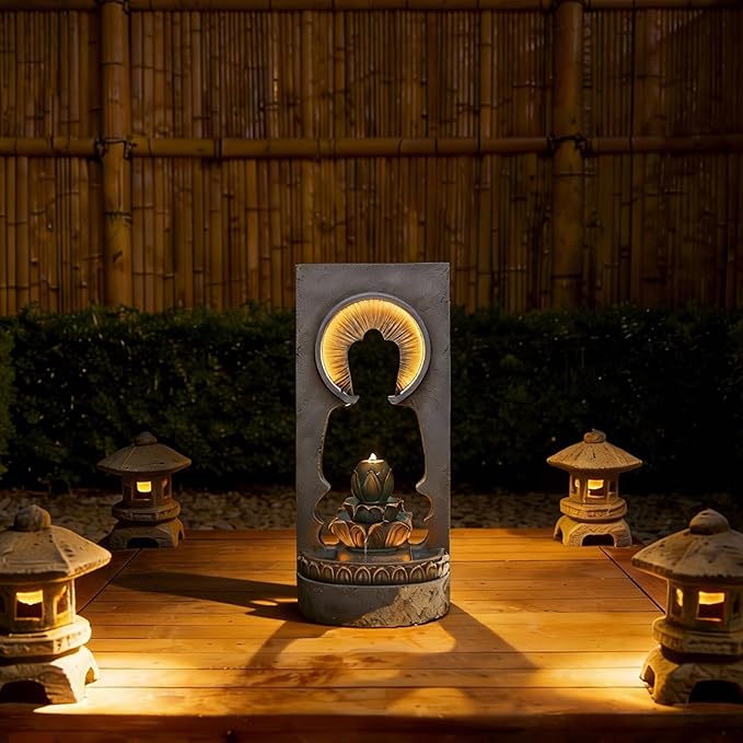 Bumilgar 35.43”H Outdoor Water Fountain Garden, Zen Waterfall Fountain Water Feature with Lights for Garden, Patio & Yard