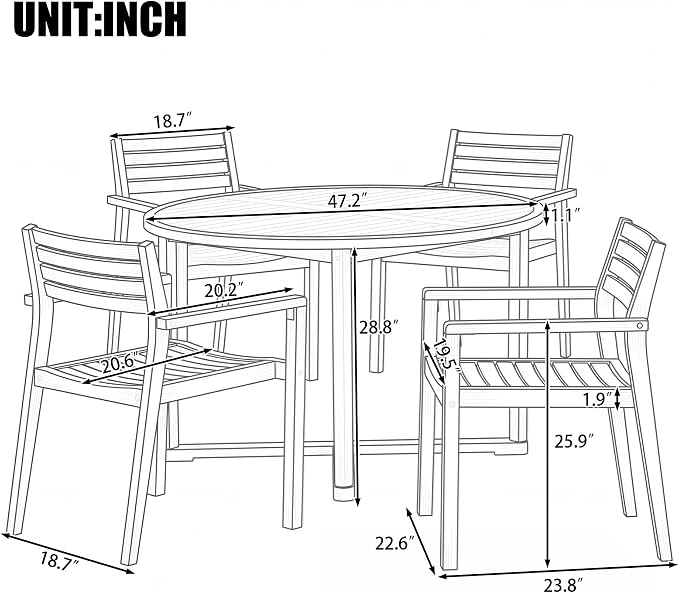 5 Pieces Outdoor Acacia Wood Dining Table Set with 47.2" L Slatted Round Table and 4 Chairs, Modern Patio Dinner Set with Cushions for Backyard, Lawn, Garden, Poolside or Indoor, Natural