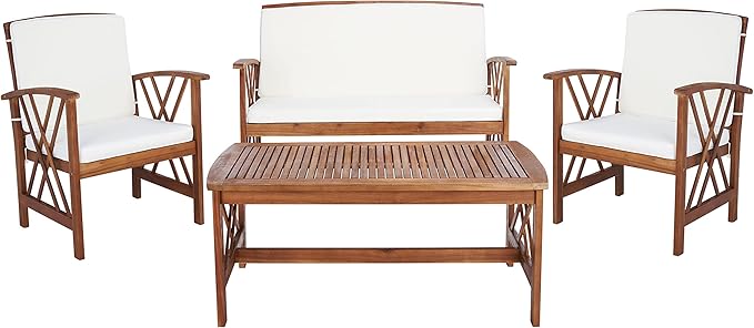 SAFAVIEH Outdoor Collection Fontana Natural/ Beige 4-Piece Conversation Patio Set with Cushions