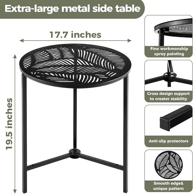 Extra-large Metal Side Table 17.7 Inches Heavy-duty Outdoor Patio Garden End Table Round Accent Corner Stand for Small Space Weather-resistant Coffee Table for Balcony Porch Plant Stand, Tropical Leaf