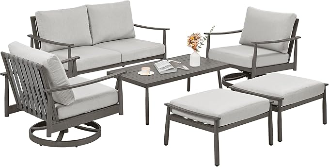 6 Pieces Aluminum Outdoor Patio Furniture Sets with Coffee Table, Cushioned Loveseat and Swivel Chairs with Ottoman, All Weather Conversation Set for Yard Proch Deck, Greige & Grey