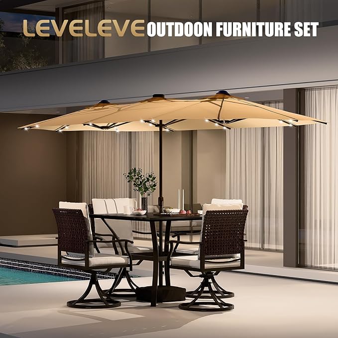 CHABATREE 14FT Large Patio Patio Umbrella with Base & Solar LED Lights - Double-Sided,Kahaki